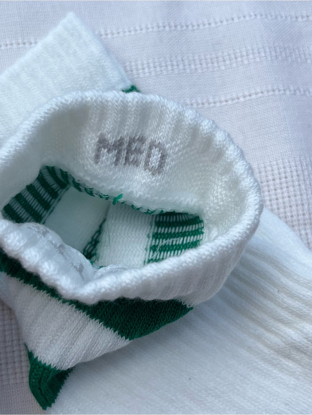 Bombas White Athletic Crew Socks with Green and Navy Stripes - Picture 7 of 14